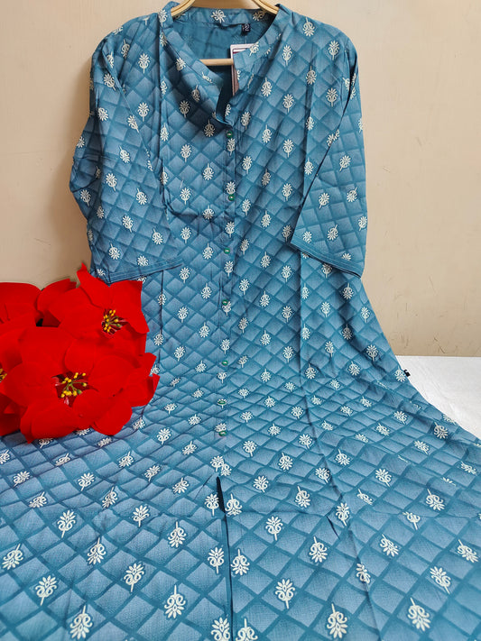 Teal Diamond Lattice & Leaf Booti Print Rayon A-Line Kurti | Mayura