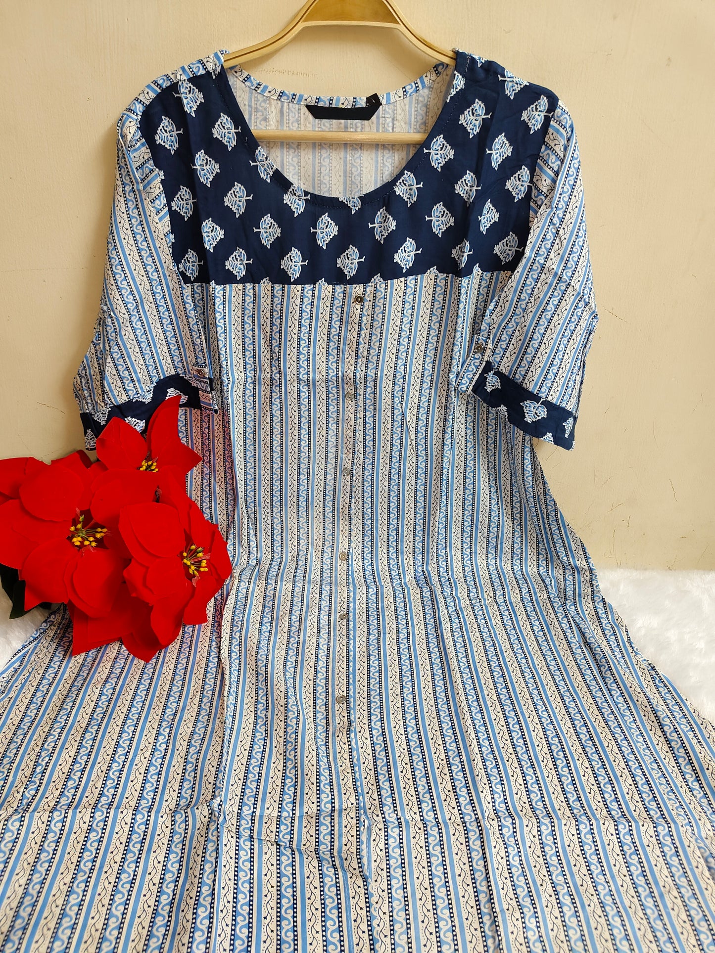 White & Blue Stripe Print Rayon A-Line Kurti | Mayura