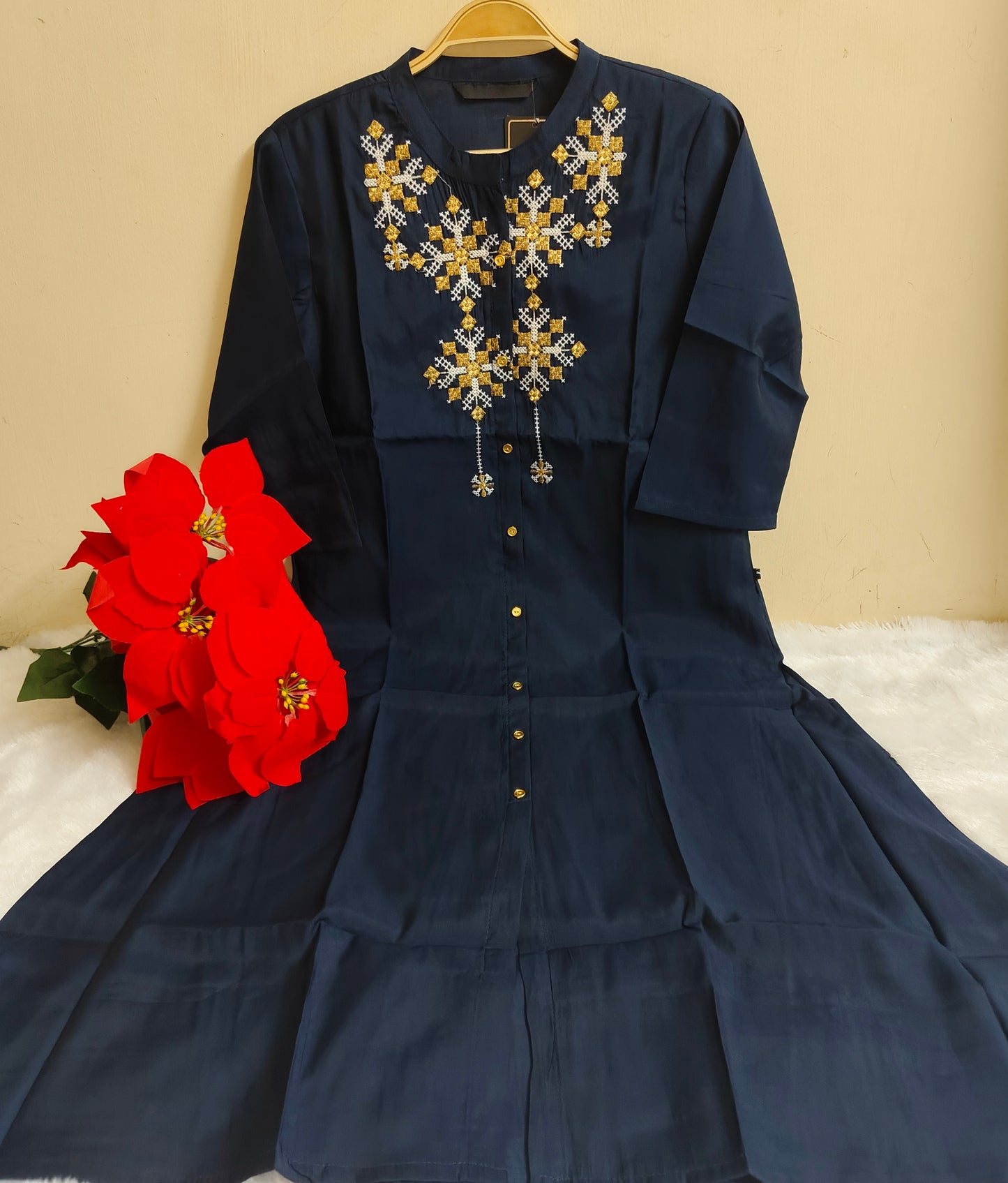 Navy Blue Solid Silk A-Line Kurti | Mayura