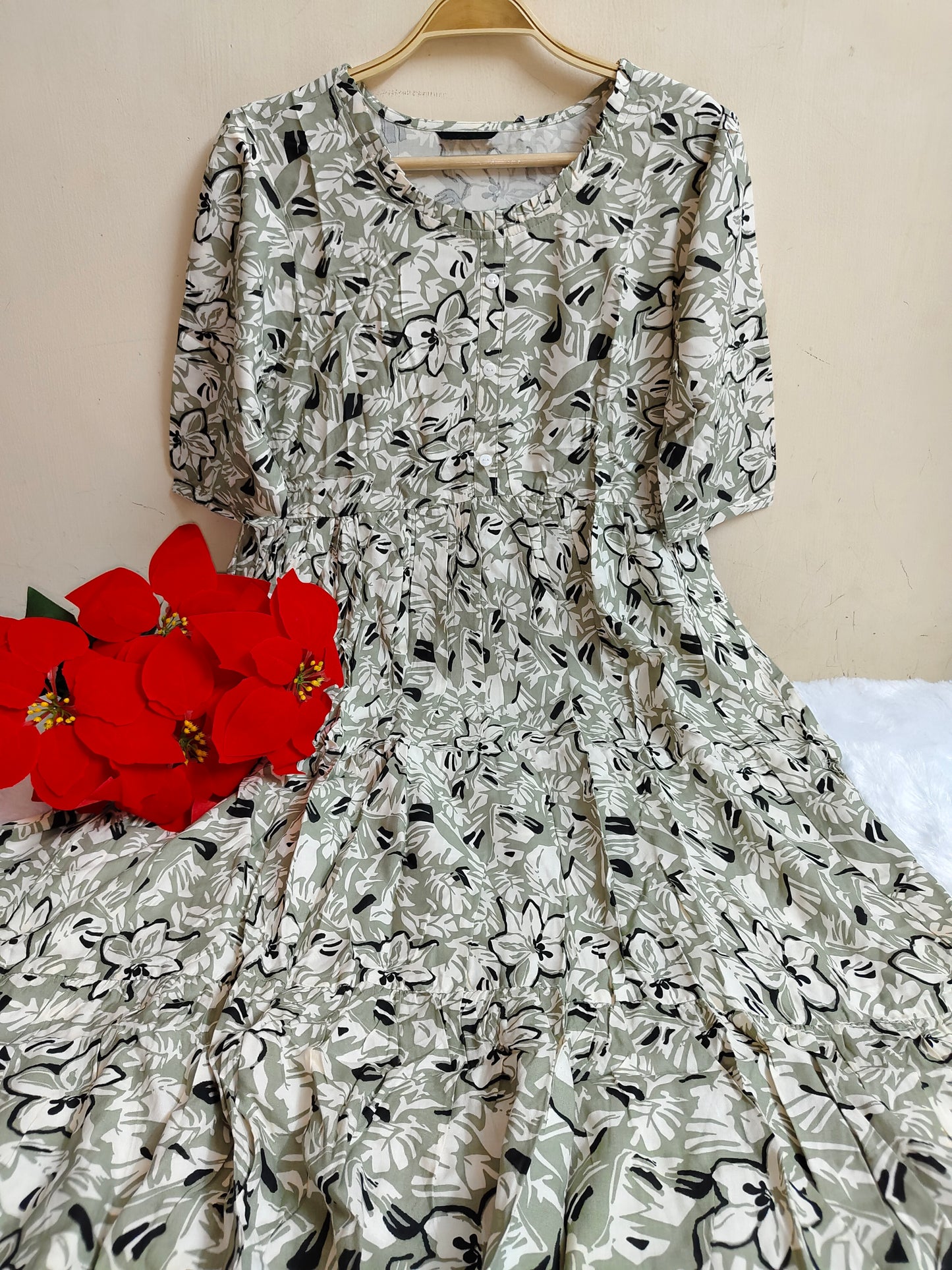 Sage Green Abstract Floral Print Rayon Maxi Dress | Mayura