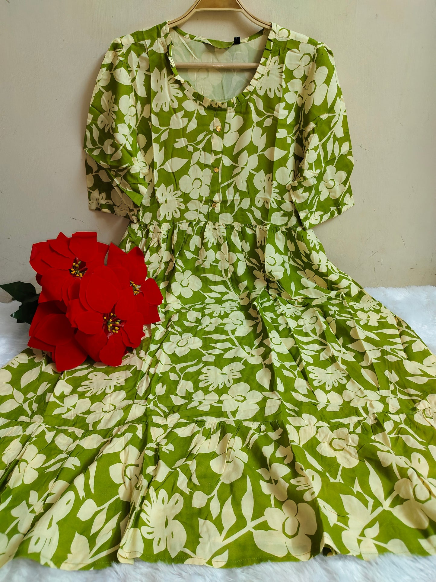 Olive Green Large Floral Print Rayon Maxi Dress | Mayura