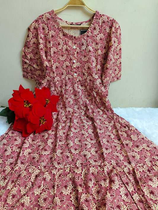 Dusty Pink Dense Ditsy Floral Print Rayon Maxi Dress | Mayura