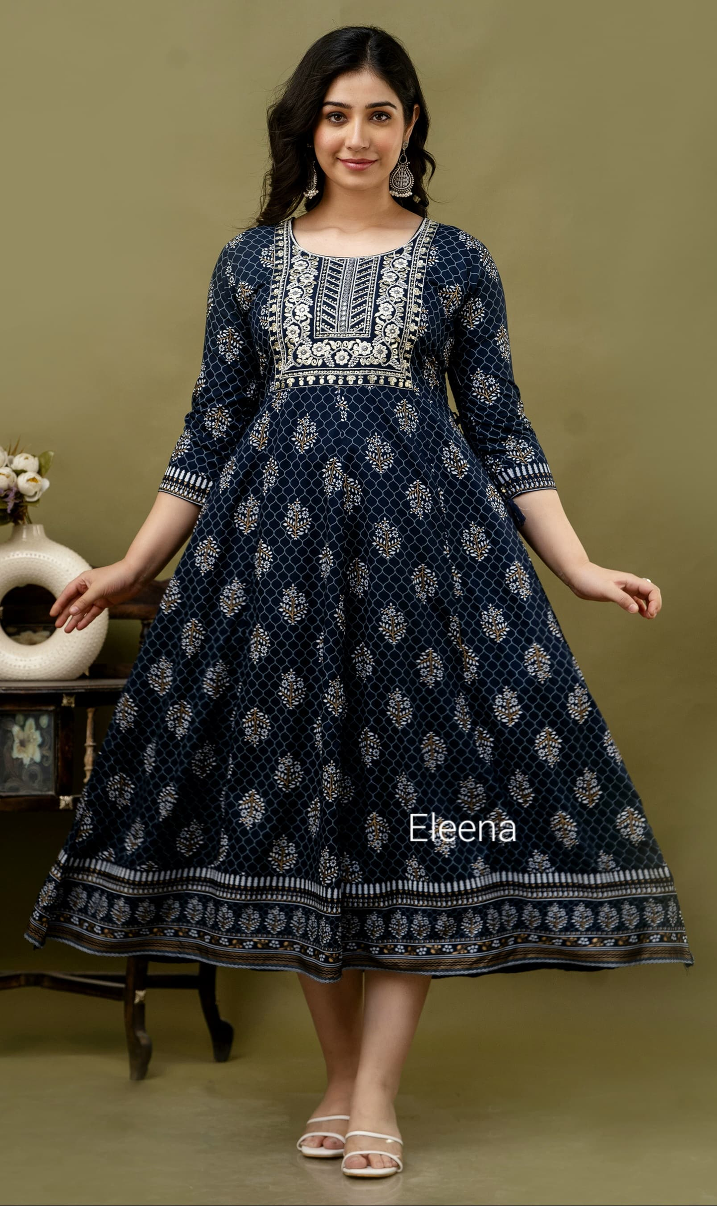 Navy Blue Gold Foil Jaal Print Anarkali Kurti 1 Piece | Mayura