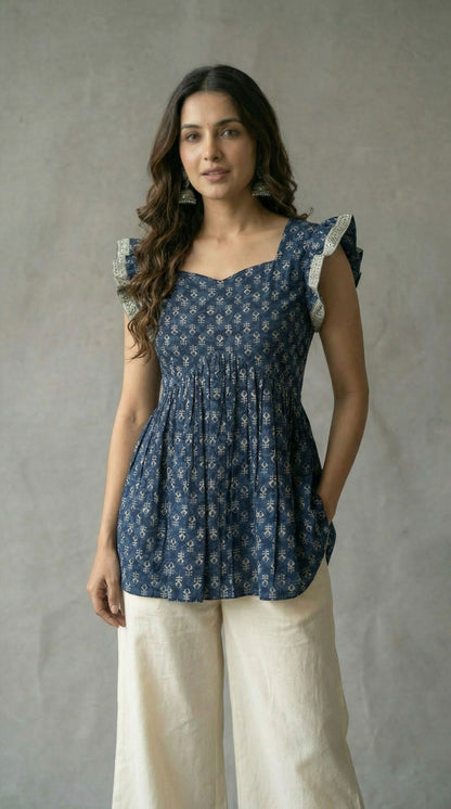Indigo Printed Cotton Kurti - Ruffle Sleeve Flared Tunic| Mayura