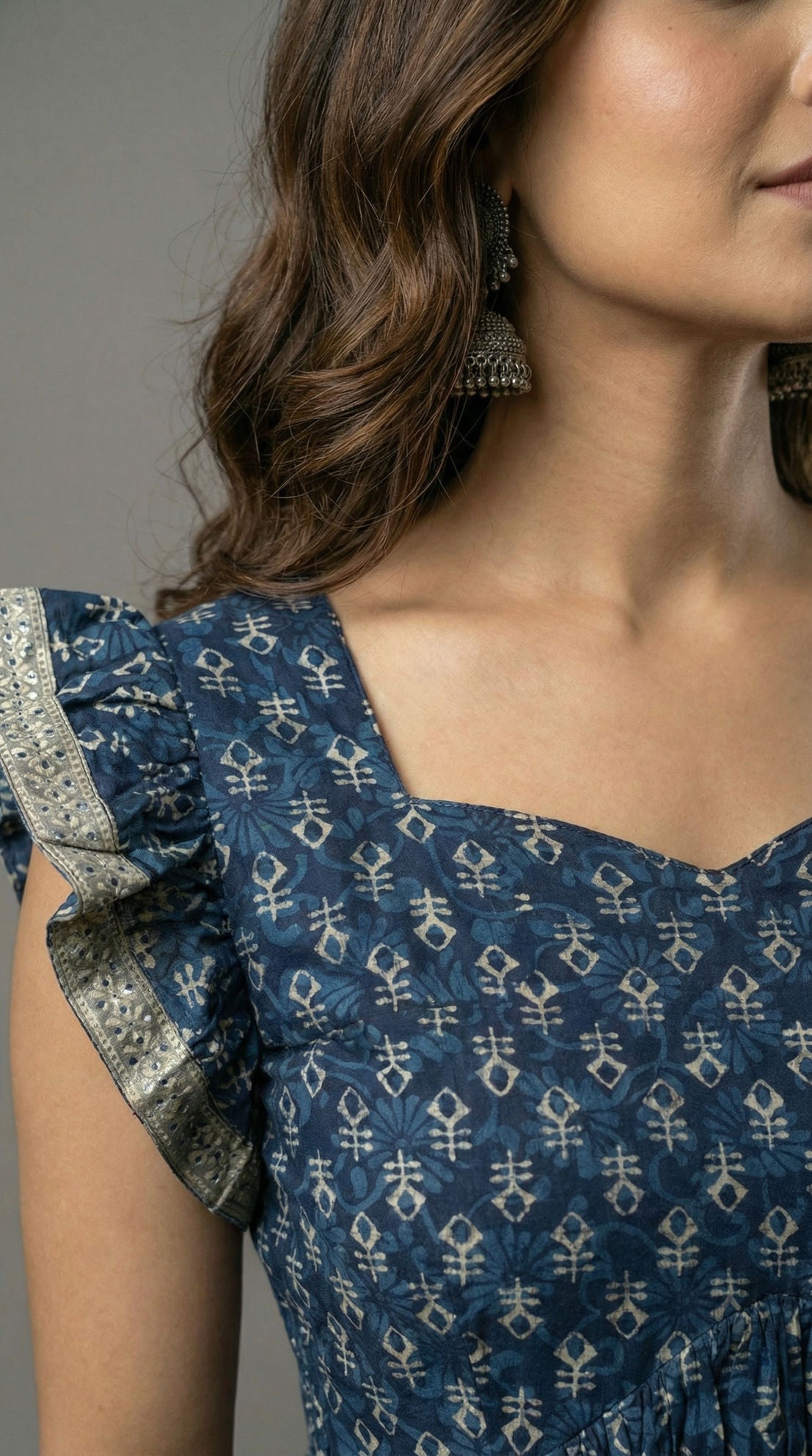 Indigo Printed Cotton Kurti - Ruffle Sleeve Flared Tunic| Mayura