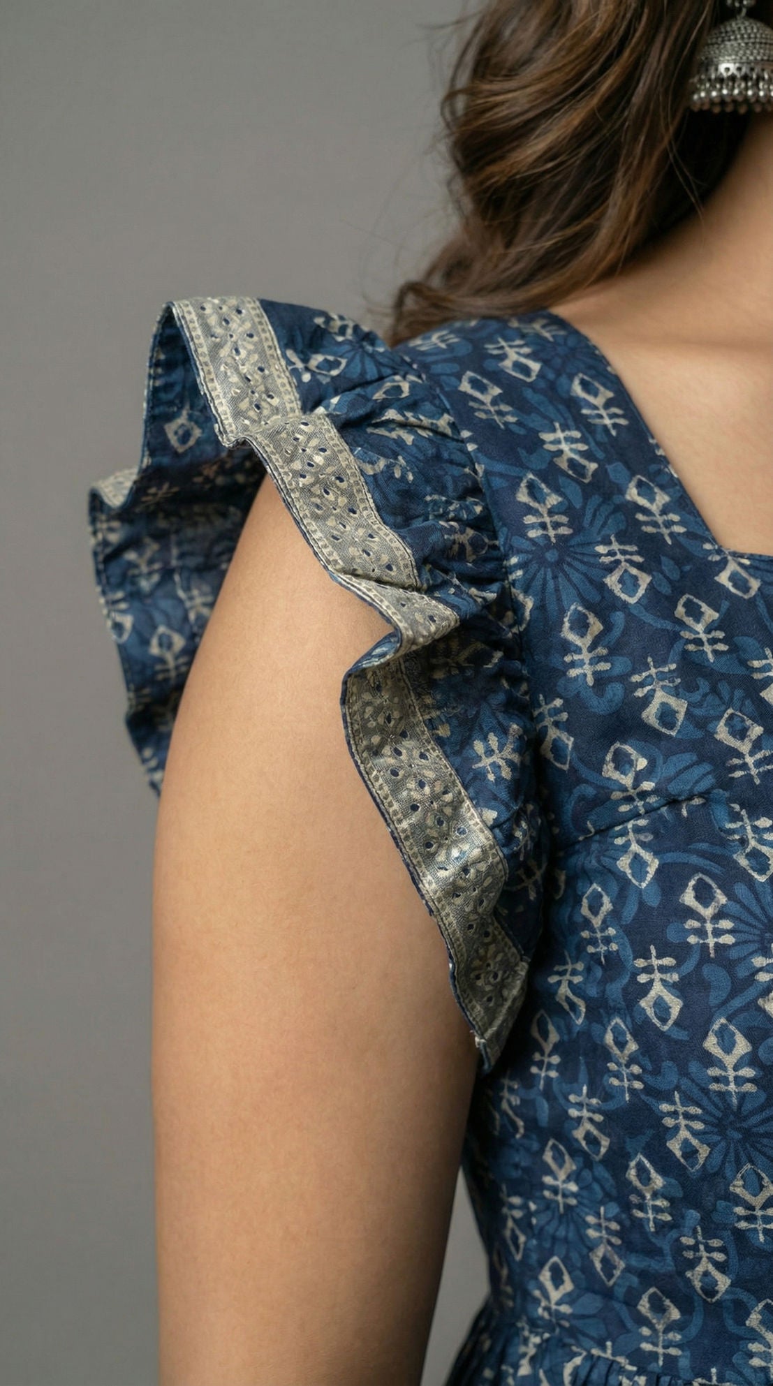 Indigo Printed Cotton Kurti - Ruffle Sleeve Flared Tunic| Mayura