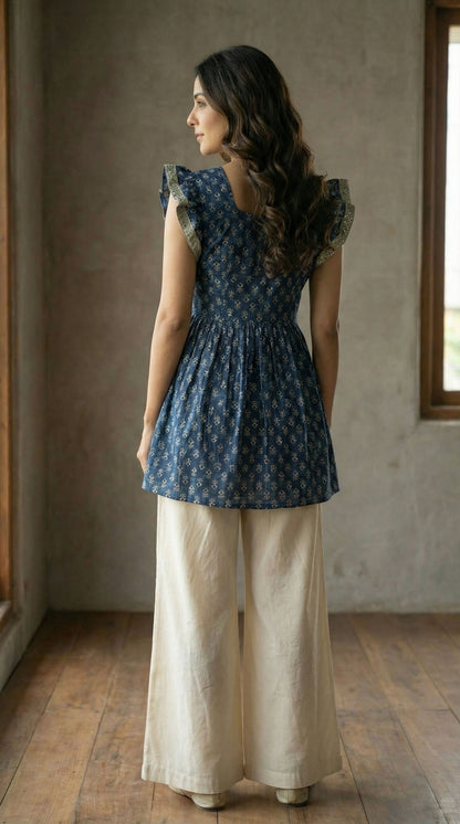 Indigo Printed Cotton Kurti - Ruffle Sleeve Flared Tunic| Mayura