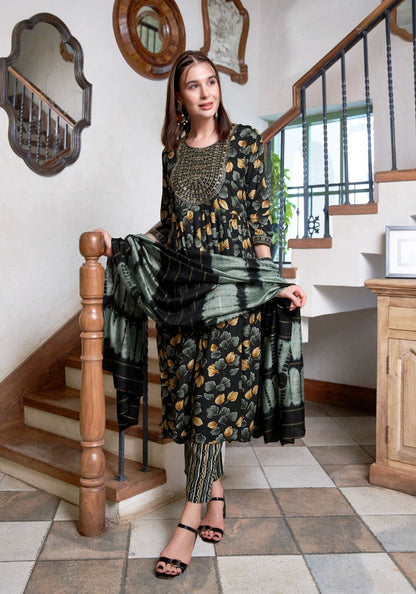 Black Floral Umbrella Kurti 3-Piece Set | Mayura