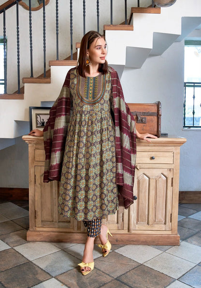 Beige Mandala Anarkali Kurti 3-Piece Set | Mayura