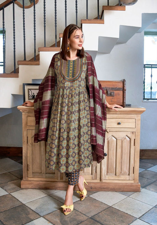 Beige Mandala Anarkali Kurti 3-Piece Set | Mayura