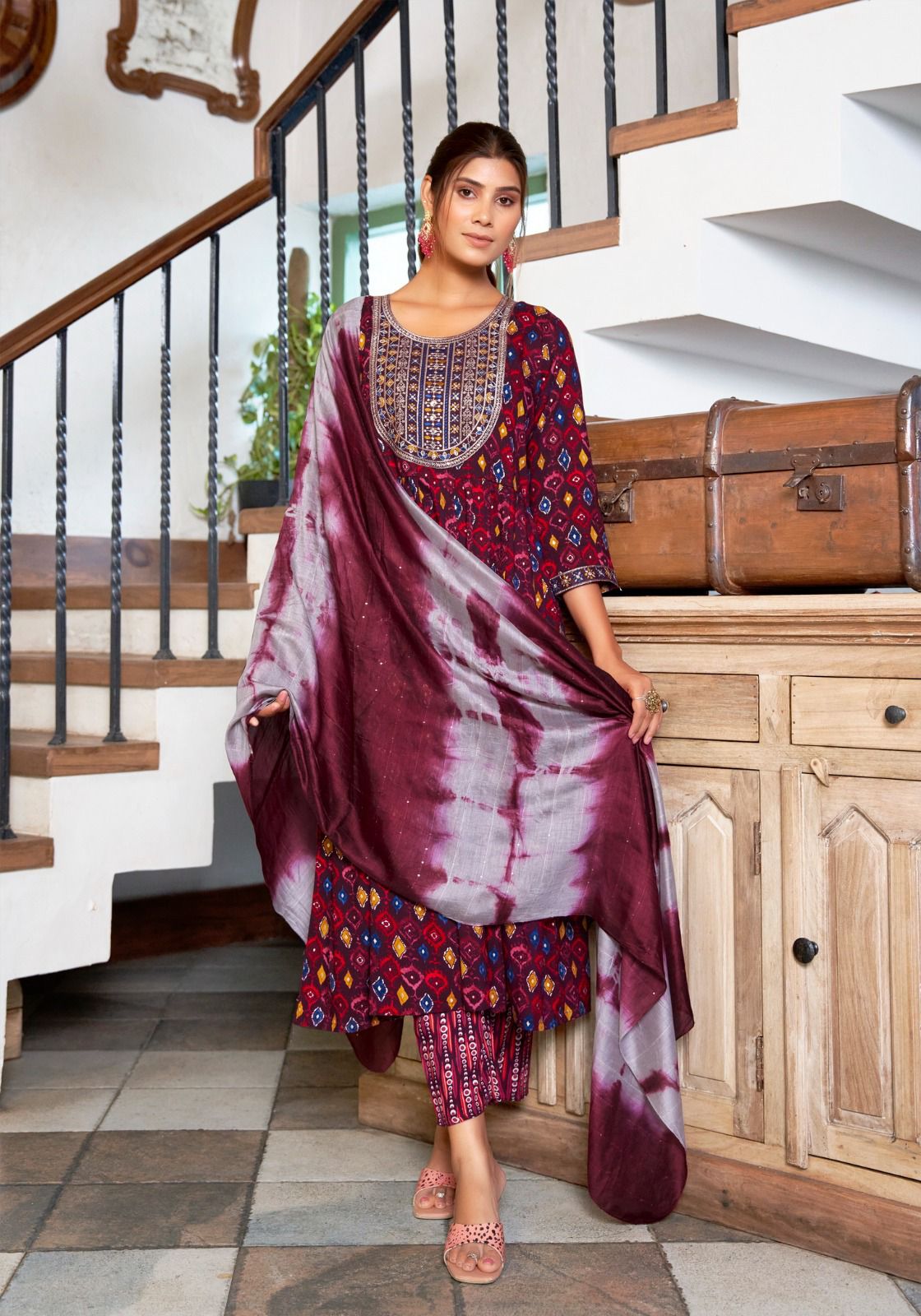 Wine Patola Umbrella Kurti 3-Piece Set | Mayura