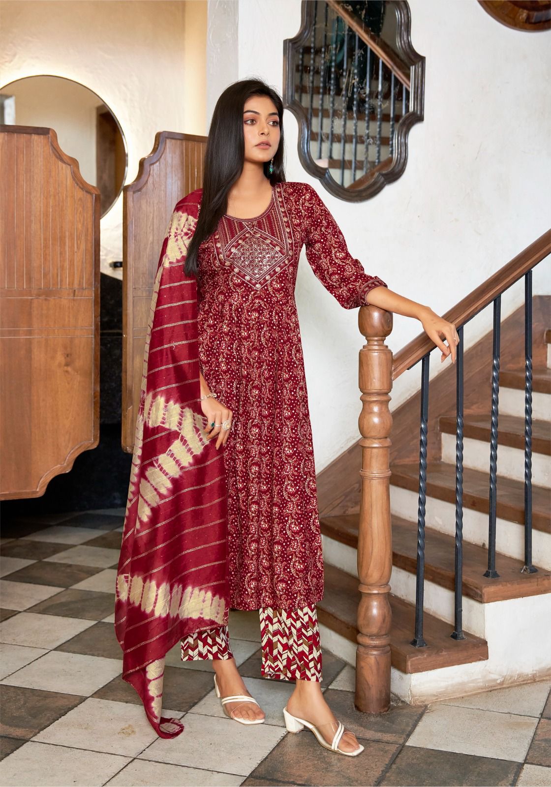 Maroon Bandhani Umbrella Kurti 3-Piece Set | Mayura