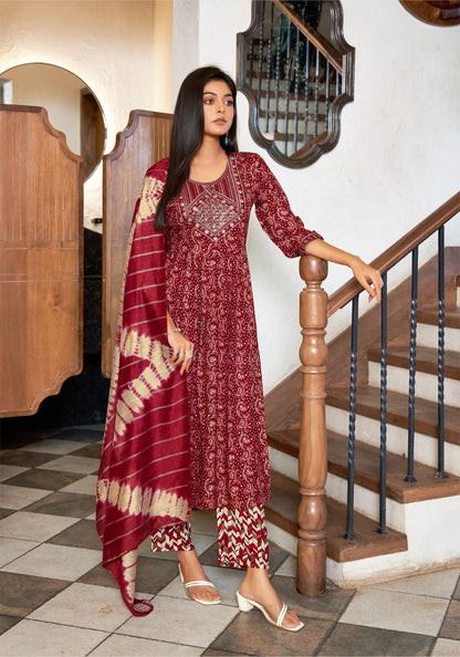 Maroon Bandhani Umbrella Kurti 3-Piece Set | Mayura