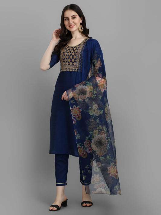 Royal Blue Embroidered Straight Kurti 3-Piece Set | Mayura