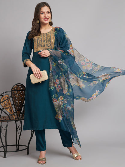 Teal Blue Embroidered Straight Kurti 3-Piece Set | Mayura