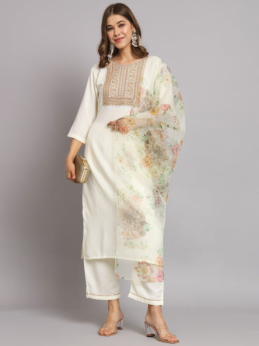Off-White Embroidered Straight Kurti 3-Piece Set | Mayura