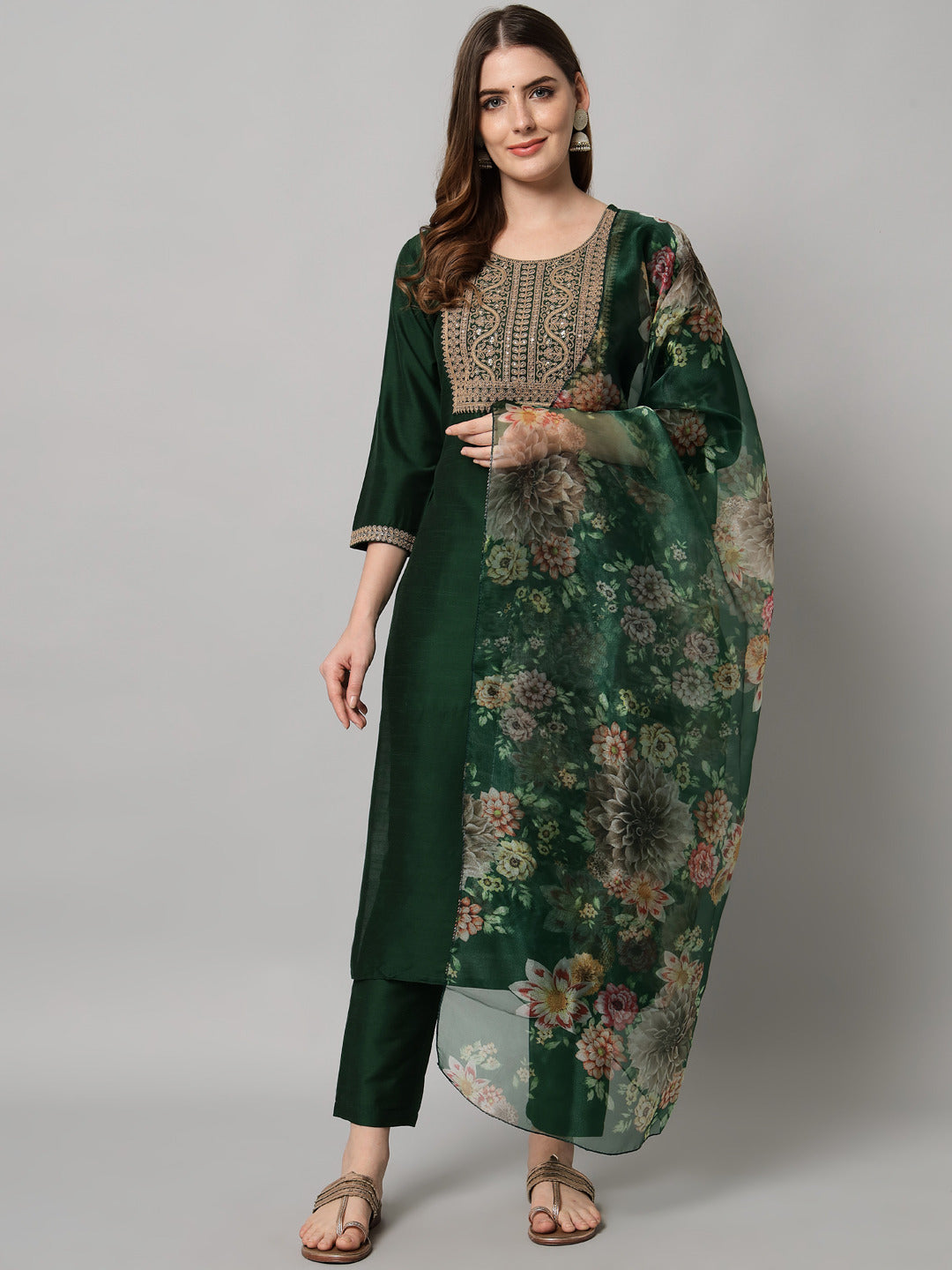 Bottle Green Embroidered Straight Kurti 3-Piece Set | DSF