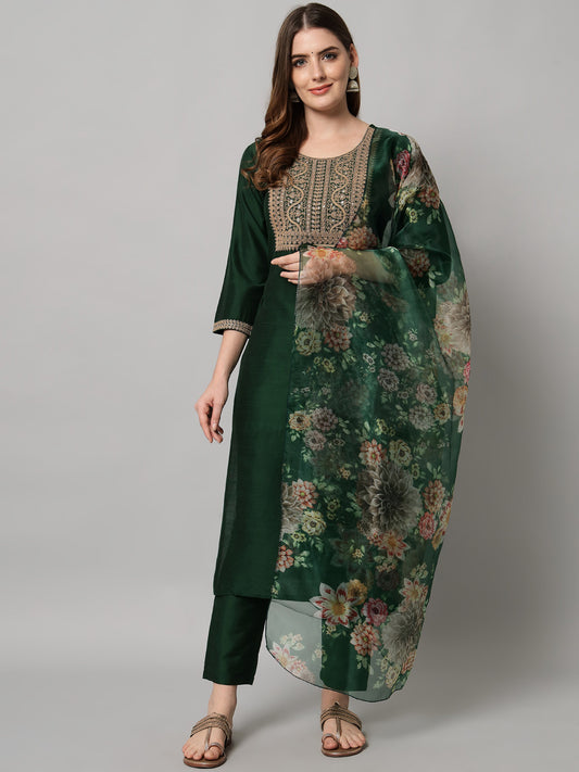 Bottle Green Embroidered Straight Kurti 3-Piece Set | DSF