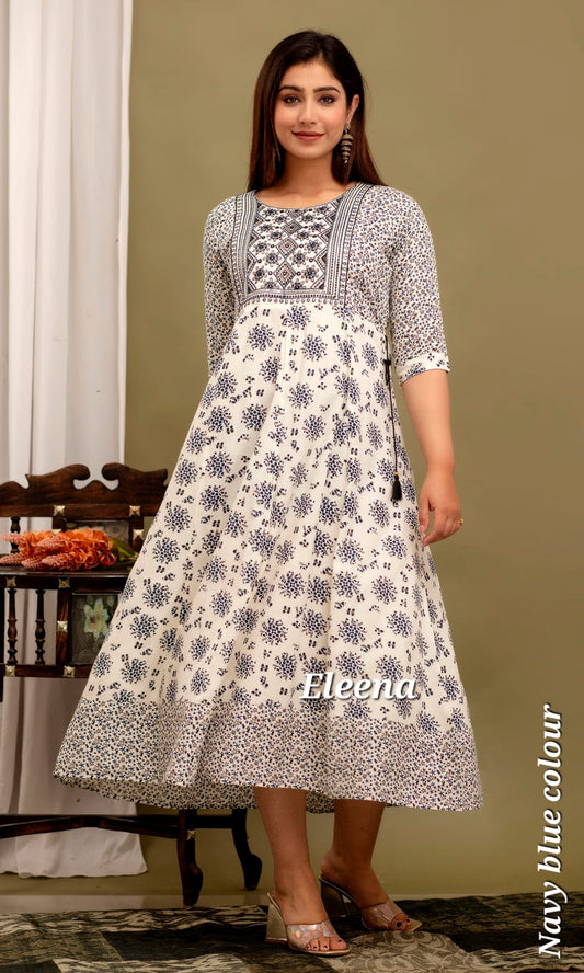 White & Navy Blue Floral Print Anarkali Kurti 1 Piece | DSF