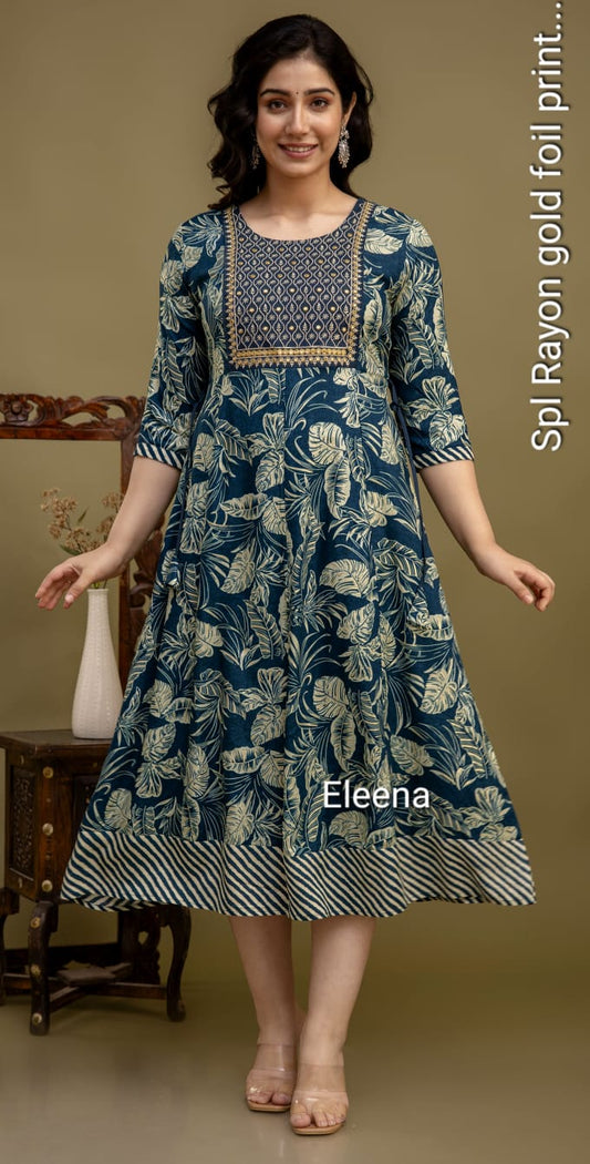 Teal Blue Tropical Leaf Gold Foil Print Anarkali Kurti 1 Piece | DSF