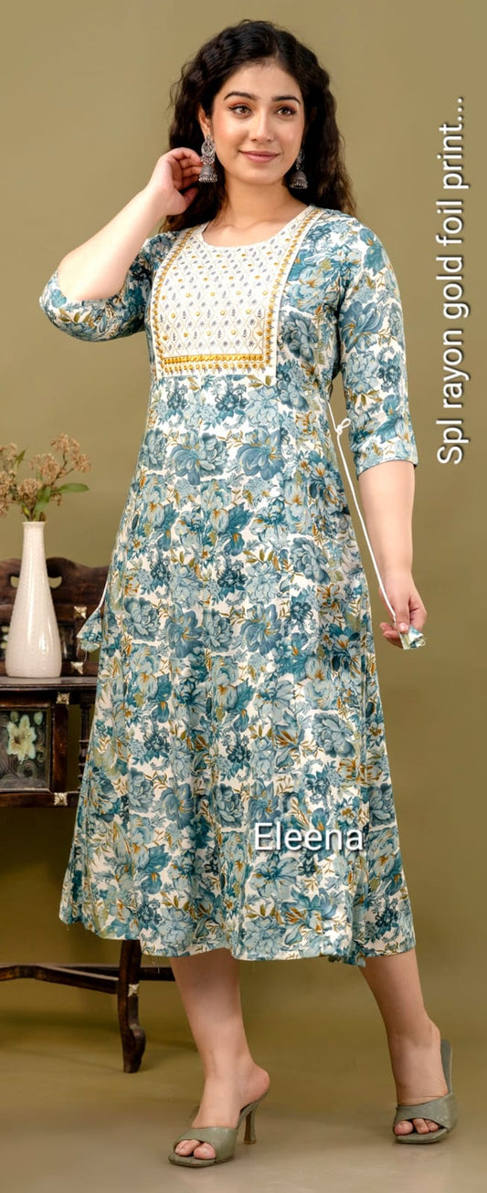 Light Blue & White Floral Gold Foil Print Anarkali Kurti 1 Piece | DSF