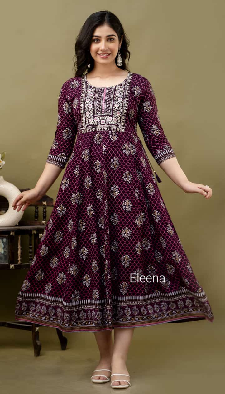 Deep Wine Maroon Gold Foil Jaal Print Anarkali Kurti 1 Piece | Mayura