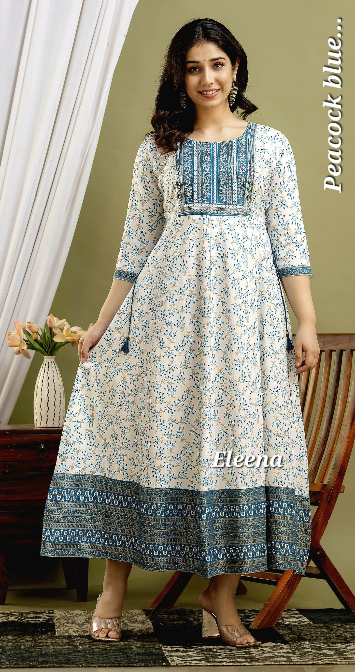 White & Peacock Blue Floral Print Anarkali Kurti 1 Piece | Mayura