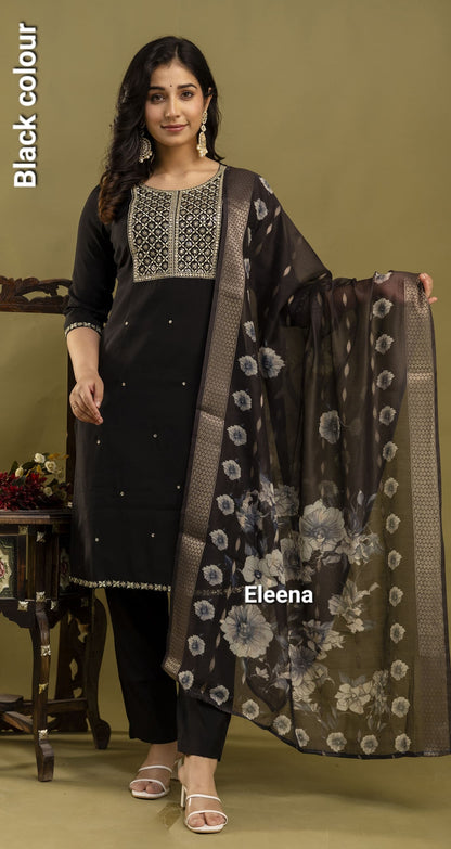 Black Embroidered Straight Kurti 3-Piece Set | Mayura