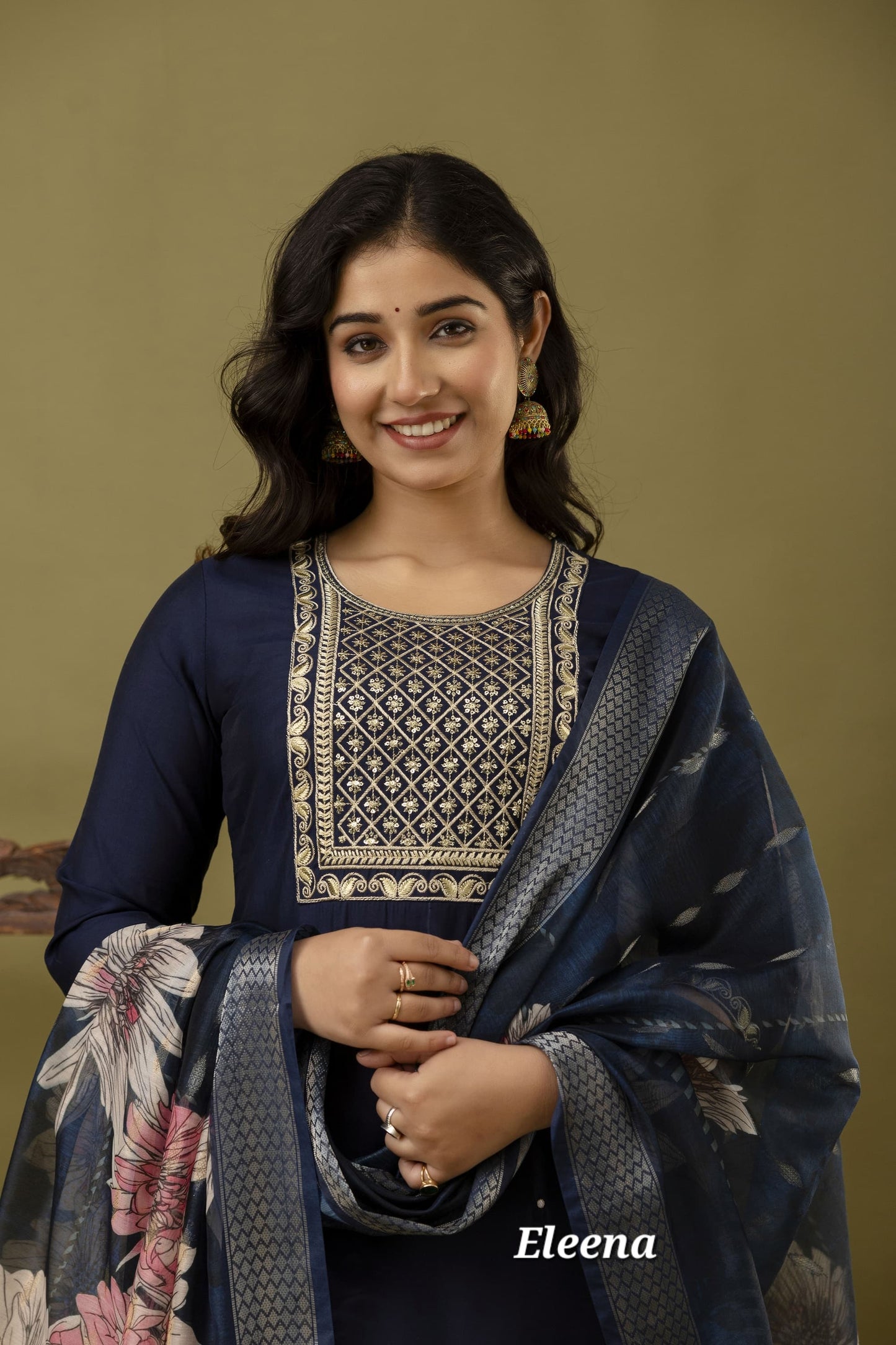 Navy Blue Embroidered Straight Kurti 3-Piece Set | Mayura