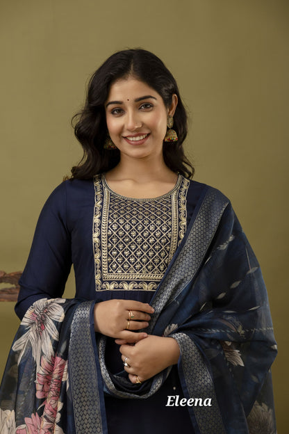 Navy Blue Embroidered Straight Kurti 3-Piece Set | Mayura