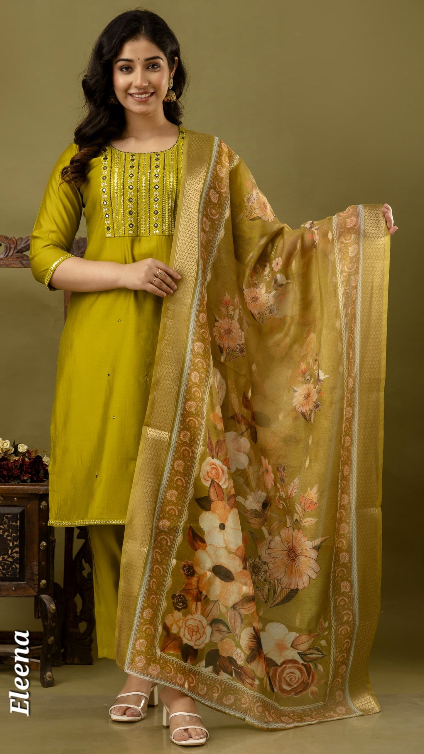 Light Green Embroidered Straight Kurti 3-Piece Set | Mayura