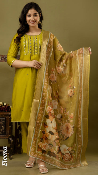 Light Green Embroidered Straight Kurti 3-Piece Set | Mayura