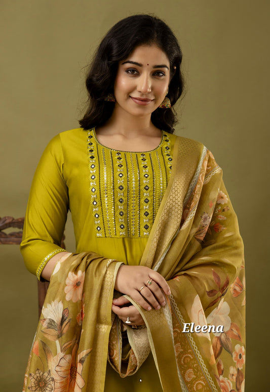 Light Green Embroidered Straight Kurti 3-Piece Set | Mayura