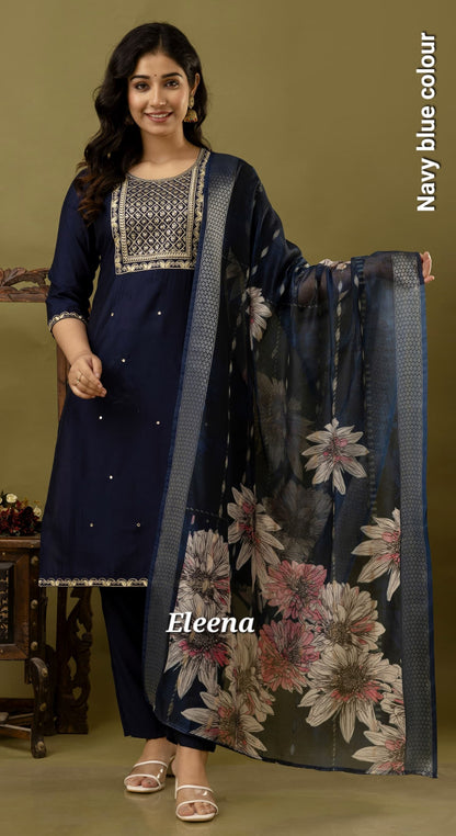 Navy Blue Embroidered Straight Kurti 3-Piece Set | Mayura