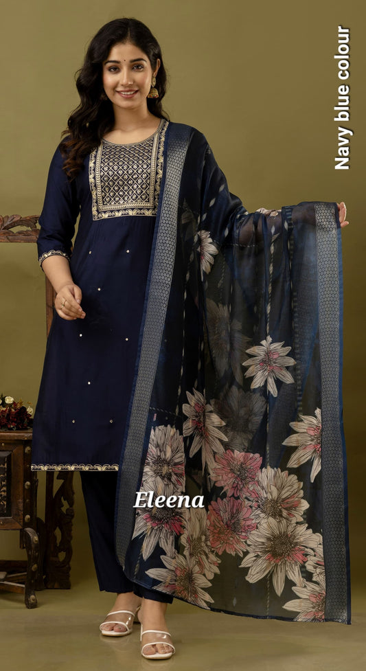 Navy Blue Embroidered Straight Kurti 3-Piece Set | Mayura