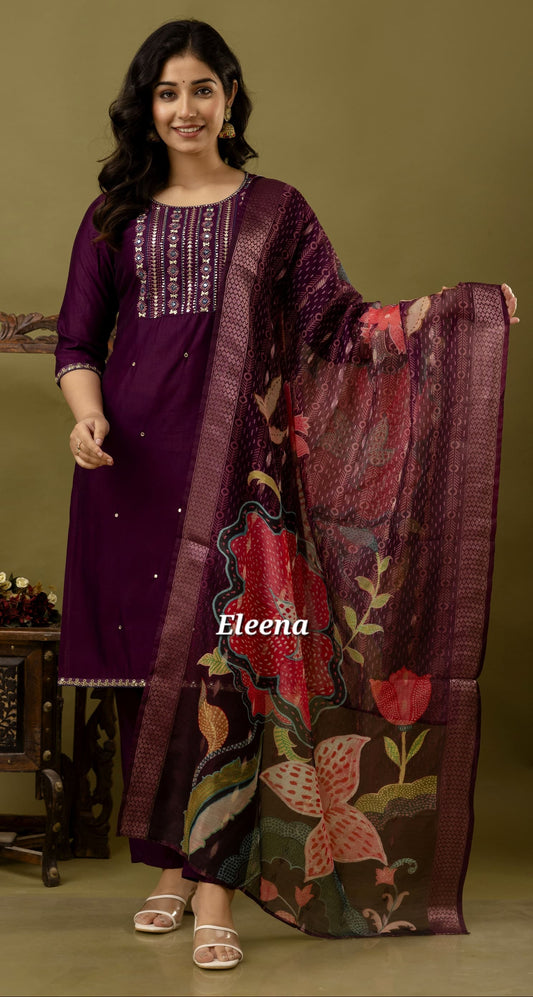 Deep Purple Embroidered Straight Kurti 3-Piece Set | Mayura