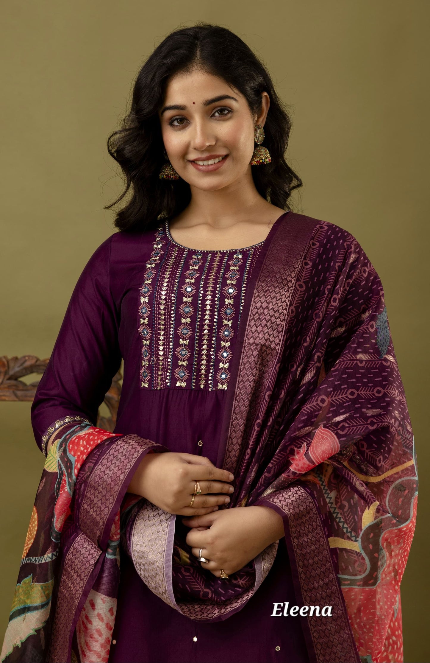 Deep Purple Embroidered Straight Kurti 3-Piece Set | Mayura