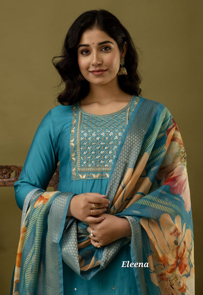 Teal Blue Embroidered Straight Kurti 3-Piece Set | Mayura