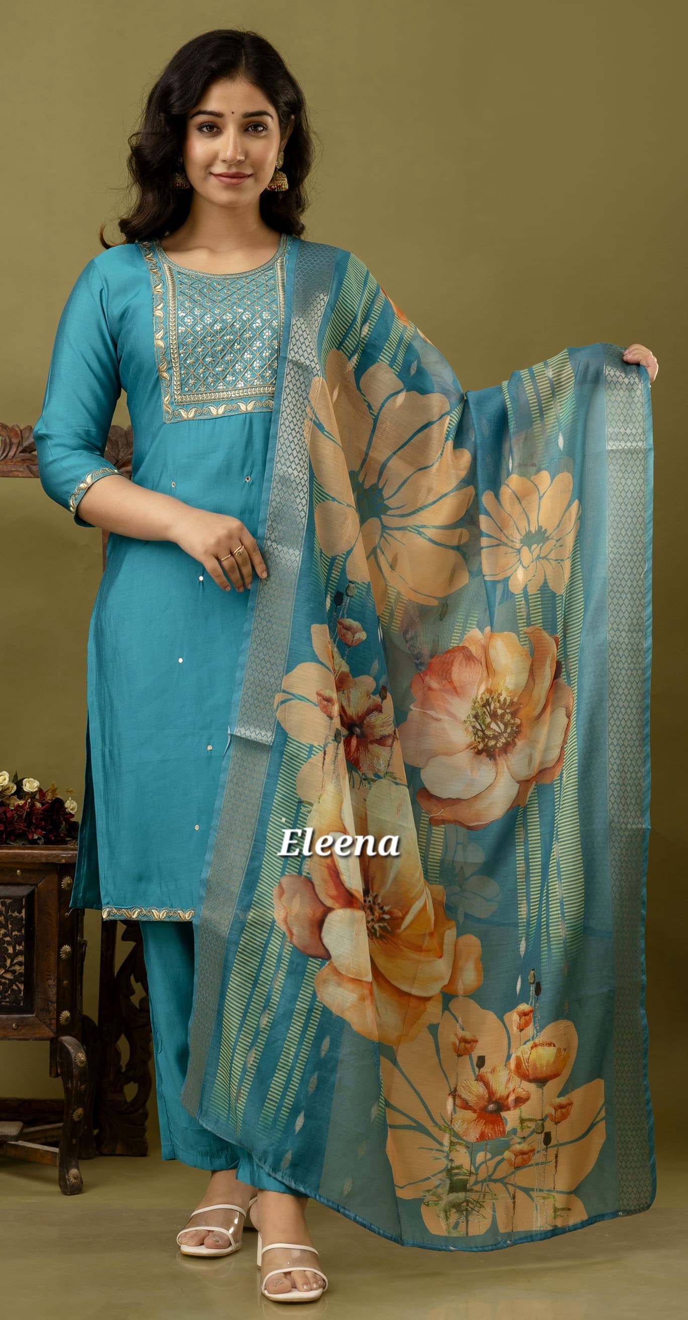 Teal Blue Embroidered Straight Kurti 3-Piece Set | Mayura