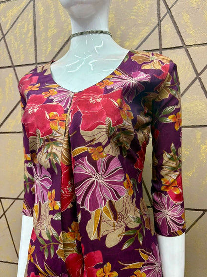 Purple Floral Printed Modal Silk Kurti for Women - 2 Piece Set with Lining | Mayura