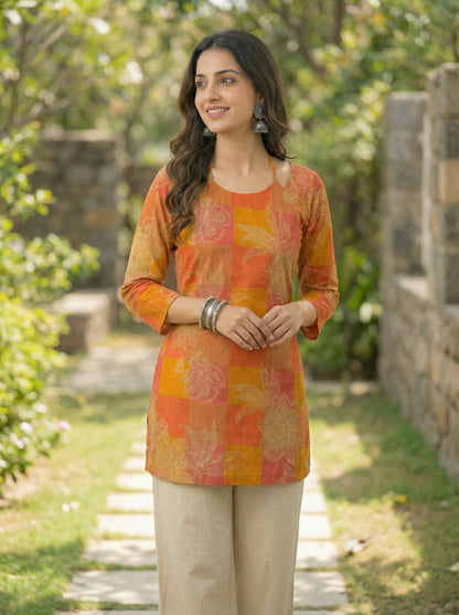 Orange Printed Cotton Kurti with Lining - Straight Cut Tunic | Mayura