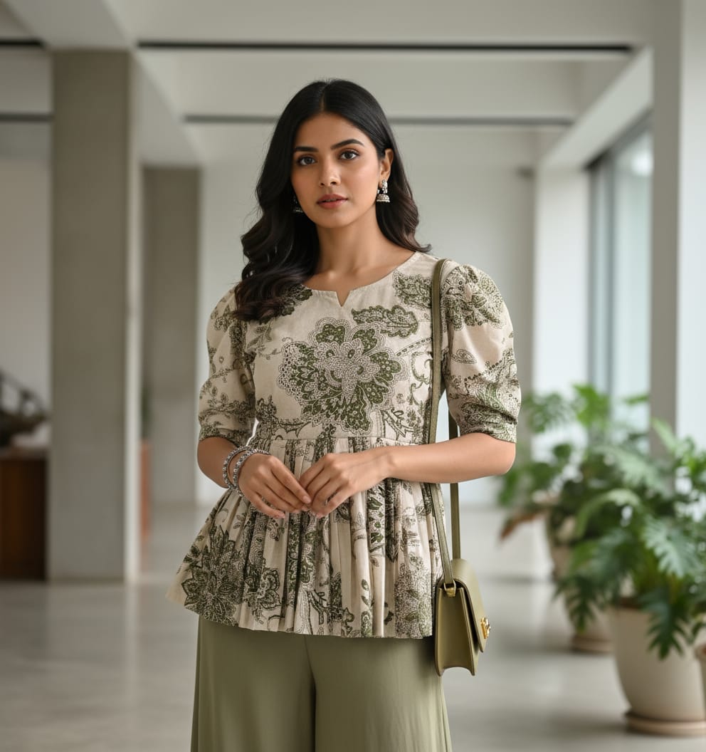 Cream Printed Cotton Peplum Top - Flared Ethnic Kurti | Mayura