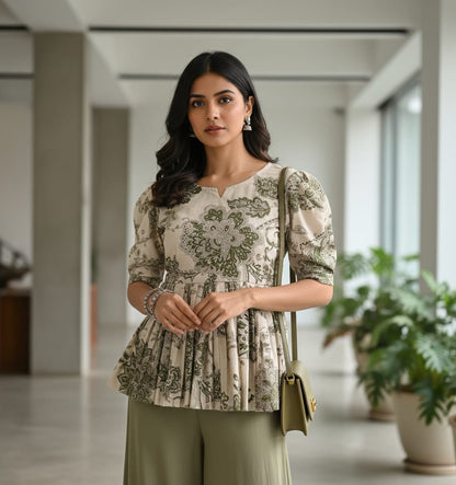 Cream Printed Cotton Peplum Top - Flared Ethnic Kurti | Mayura