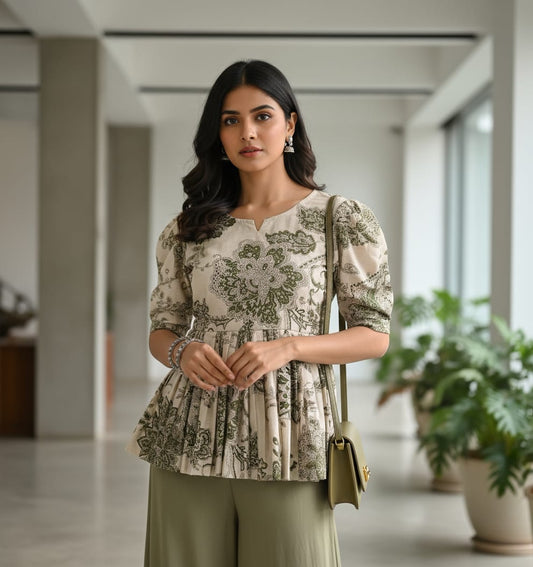 Cream Printed Cotton Peplum Top - Flared Ethnic Kurti | Mayura