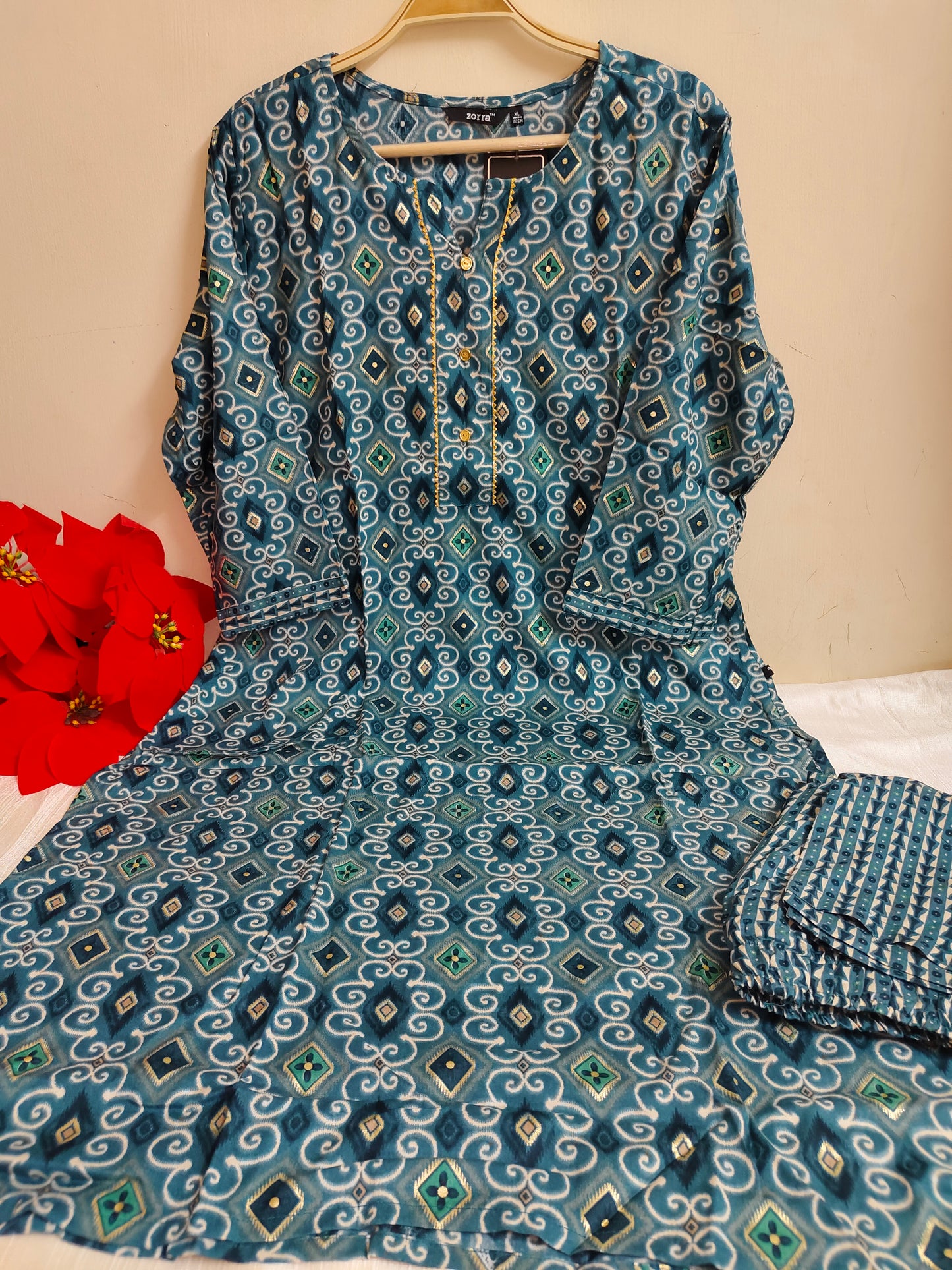 Teal Blue Ikat Diamond Scroll Print Straight Kurti 2-Piece Set | Mayura