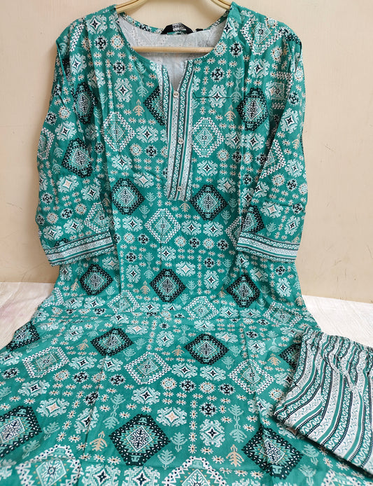 Teal Green Ikat Diamond Geometric Print Straight Kurti 2-Piece Set | Mayura