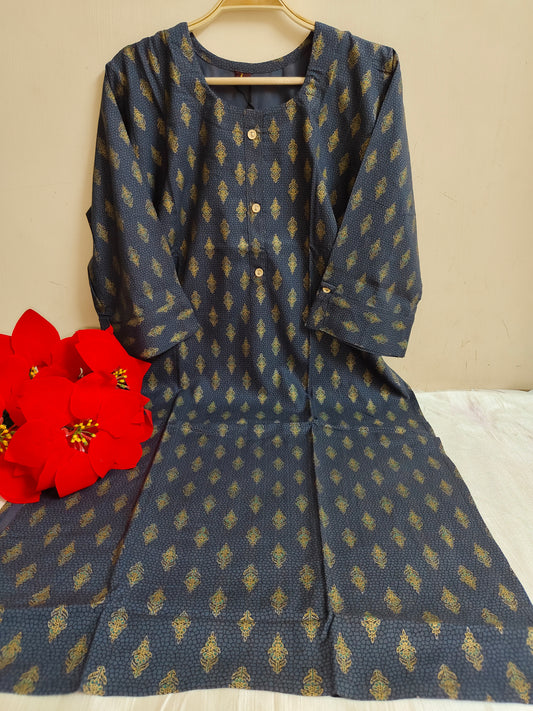 Grey Gold Foil Diamond Booti Print Straight Kurti |
