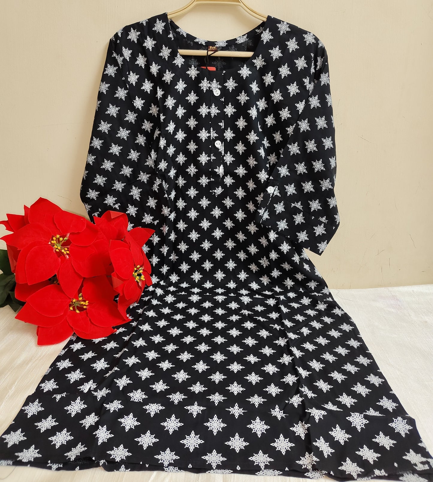 Black & White Snowflake Star Print Rayon Straight Kurti | Round Neck Button Placket | Ethnic Wear for Women | Mayura