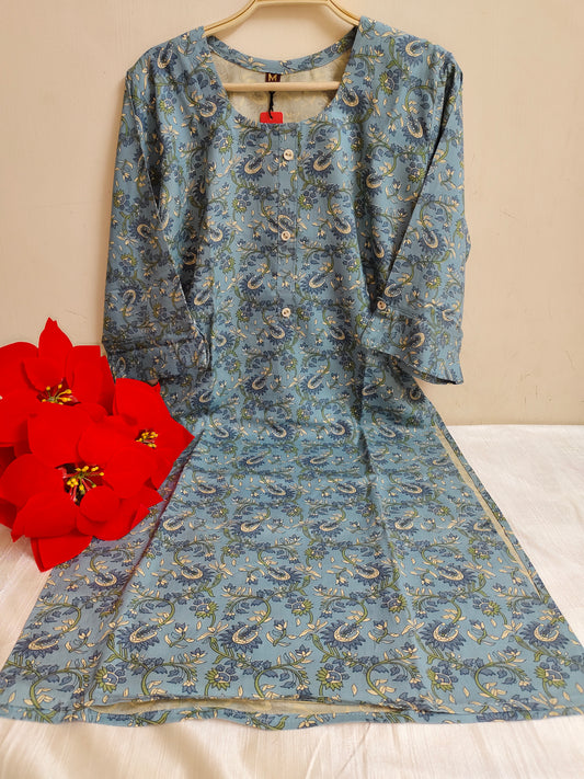 Powder Blue Paisley & Floral Vine Print Rayon Straight Kurti | Mayura