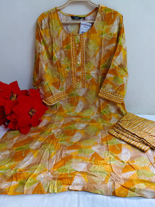 Yellow Orange Leaf Printed Rayon Kurti - 2 Piece Set | Mayura